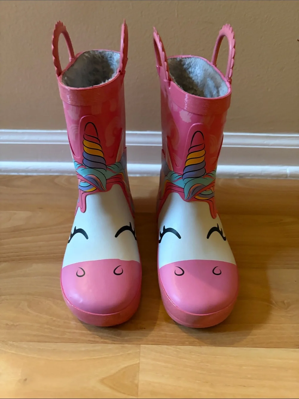 Kids Pink Unicorn Rain Boots with Easy Pull Handles